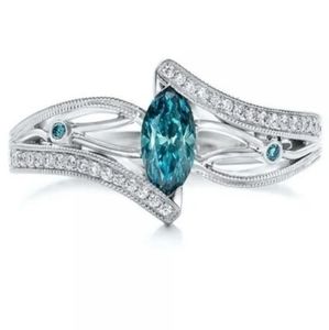 Aqua Blue Sterling Silver and Crystal Ring, Sz. 7